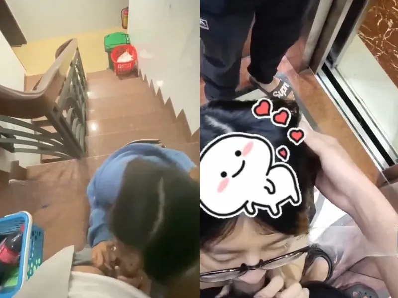 Em đang liếm của quý thì thang máy có người vào, vừa hồi hộp vừa nứng